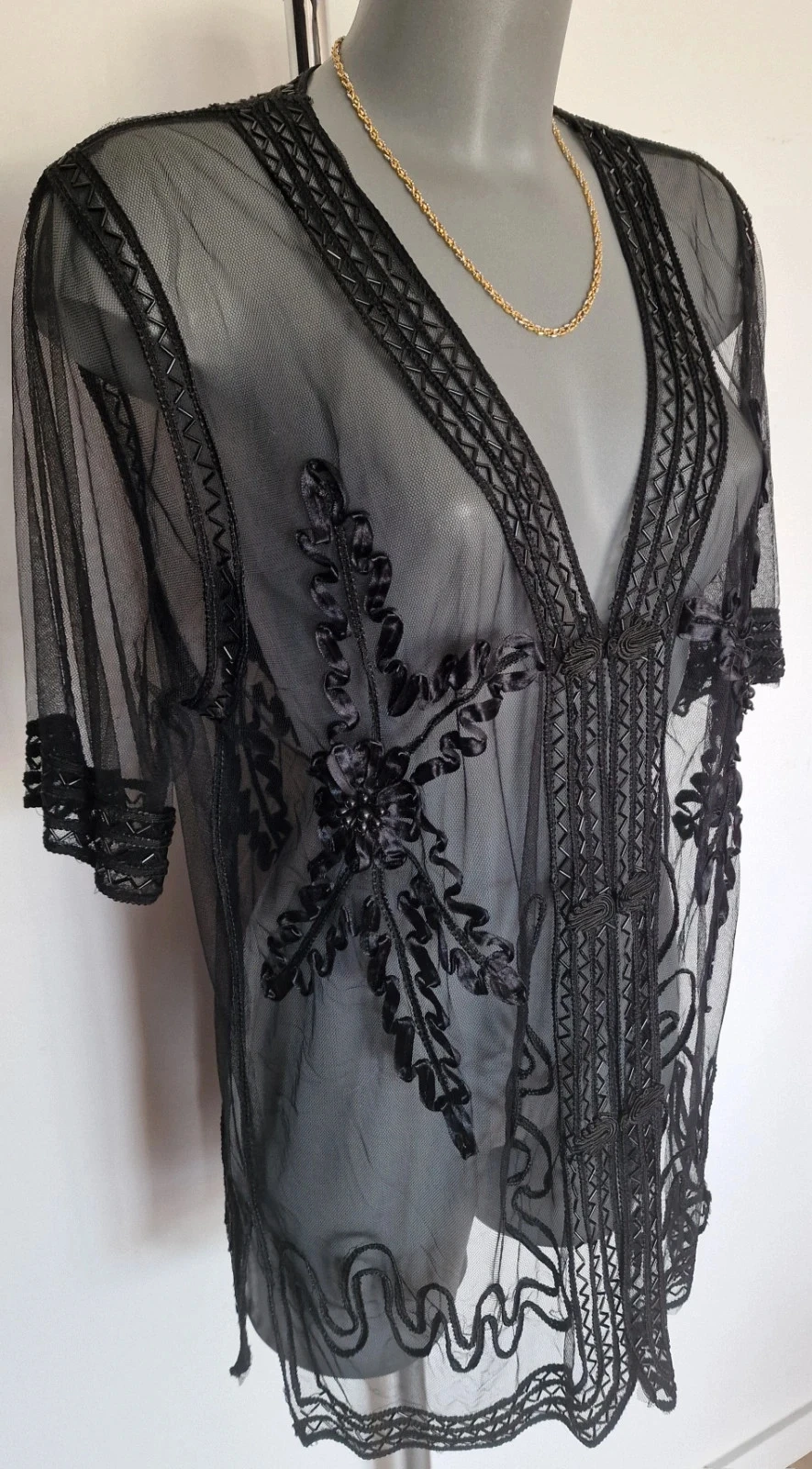 Quimono oriental preto transparente bordado com miçangas estilo boêmio chique – photo 4